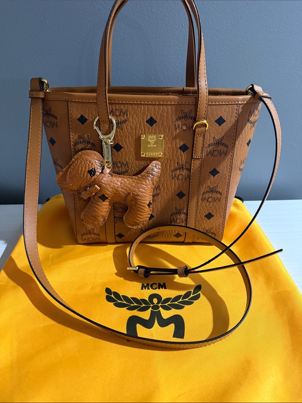 MCM Visetos Mini Toni tote bag.w/MCM dog charm, mcm scarf & branded dust bag